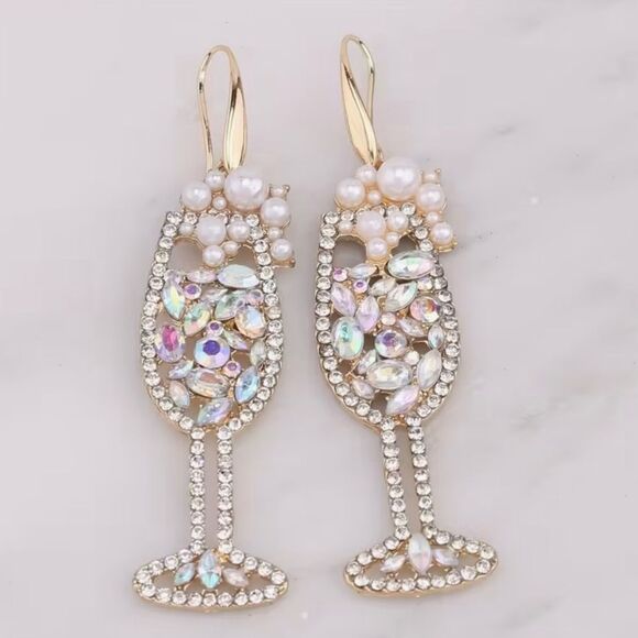 🥂 Betsy Johnson sparkling crystal glass dangle bubbling champagne earrings 🥂 - Picture 1 of 8